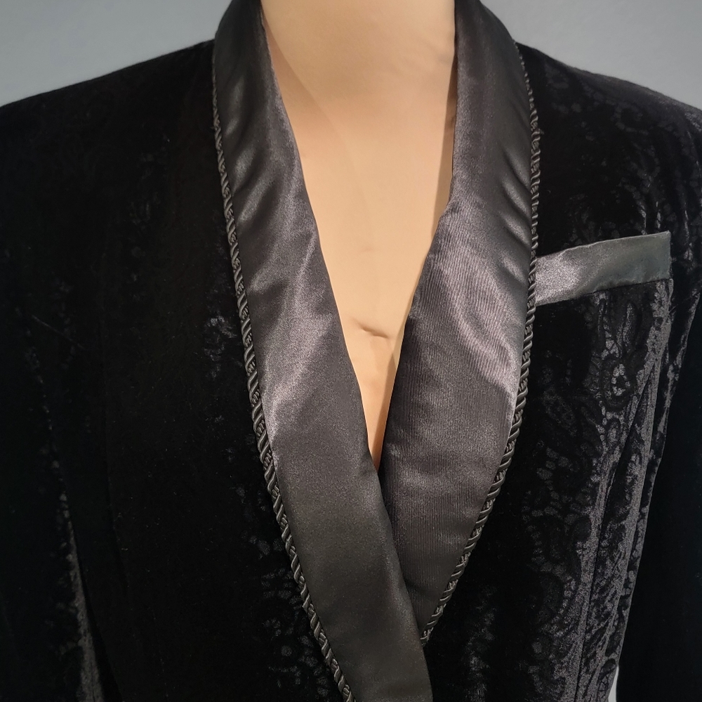 Vintage LW WARDY Black Embossed Velvet Satin Collar Smoking Jacket Blazer M/L - Picture 4 of 11